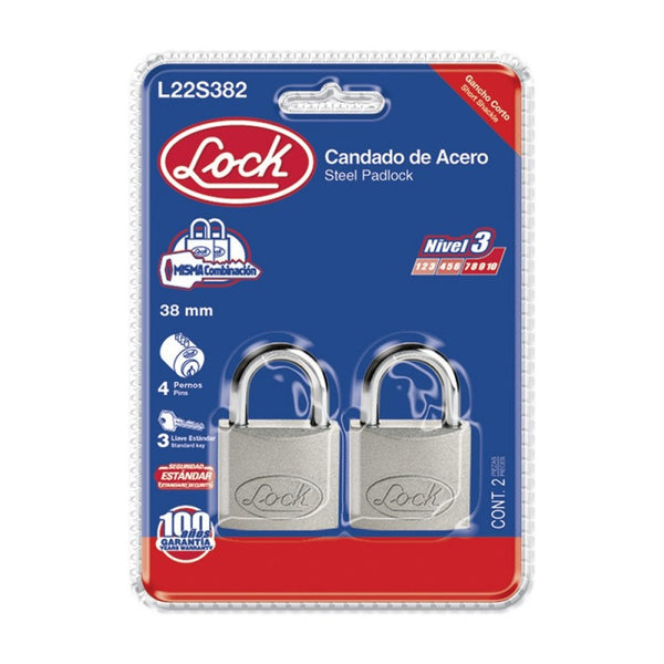 Candado Acero Corto Llave Estándar 2 Piezas Cromo Satinado Lock L22S382 - 1
