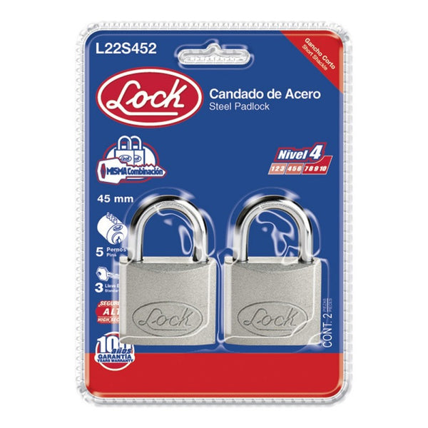 Candado Acero Corto Llave Estándar 2 Piezas Cromo Satinado Lock L22S452 - 1