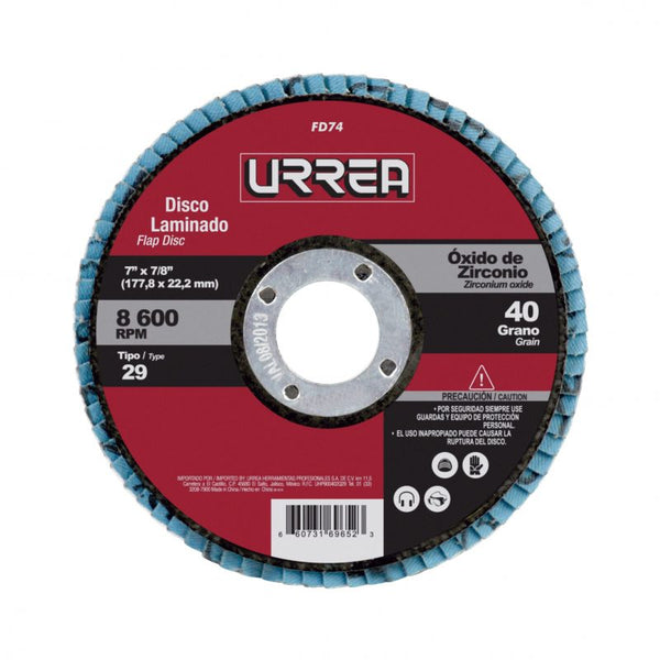 Disco Laminado Tipo 29 Grano 40, 7" Urrea FD74 - 1