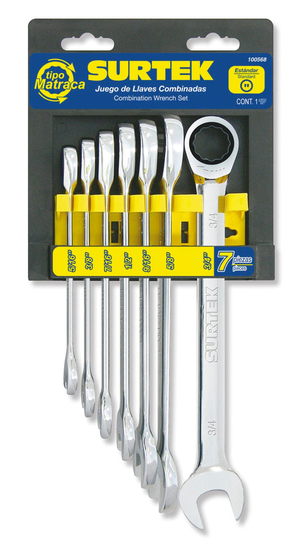Juego de Llaves Combinadas Pulido Espejo de Matraca en Pulgadas 12 Puntas 7 Piezas Surtek 100568 - 1