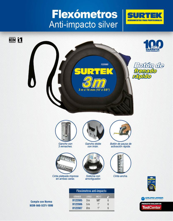 Flexometro con Carcasa Anti-impacto Silver 8 m x 1" Surtek B122087 - 1