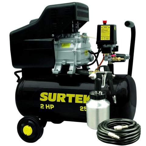 Compresor de Aire Eléctrico Lubricado con Pistola y Manguera 25L 2HP 127V Surtek COMP425K