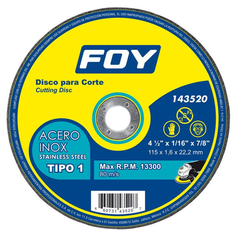 Disco Abrasivo Tipo 1 para Metal 4-1/2" x 1.6 mm Foy Tools 143520