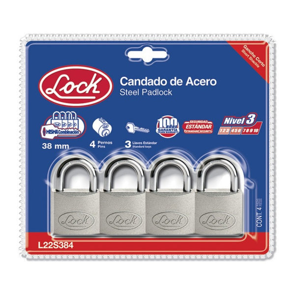 Candado Acero Corto Llave Estándar 4 Piezas Cromo Satinado Lock L22S384 - 1