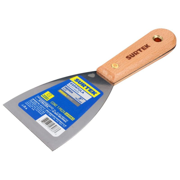 Espátula Rígida de Acero de Alto Carbón con Mango de Madera 3" Surtek 123083 - 1