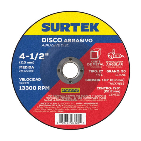 Disco Abrasivo Tipo 27 para Metal 4-1/2" x 1/8" Surtek 123325