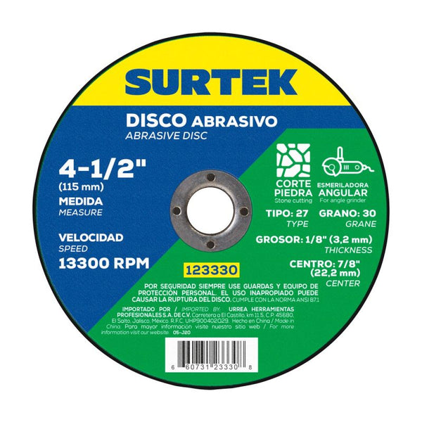 Disco Abrasivo Tipo 27 para Piedra 4-1/2" x 1/8" Surtek 123330 - 1
