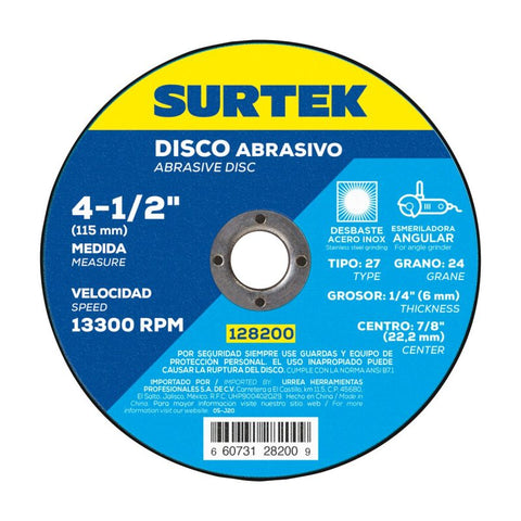 Disco Abrasivo Tipo 27 para Metal 4-1/2" x 1/4" Surtek 128200
