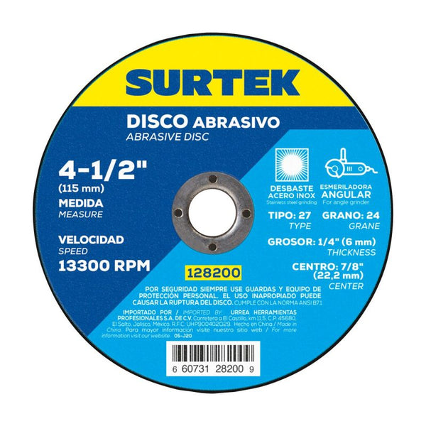Disco Abrasivo Tipo 27 para Metal 4-1/2" x 1/4" Surtek 128200 - 1