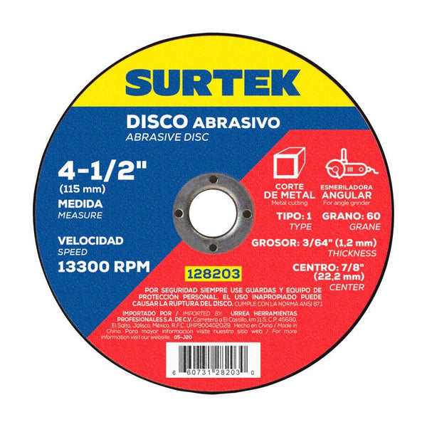 Disco Abrasivo Tipo 1 para Metal 4-1/2" x 1.2 mm Surtek 128203 - 1