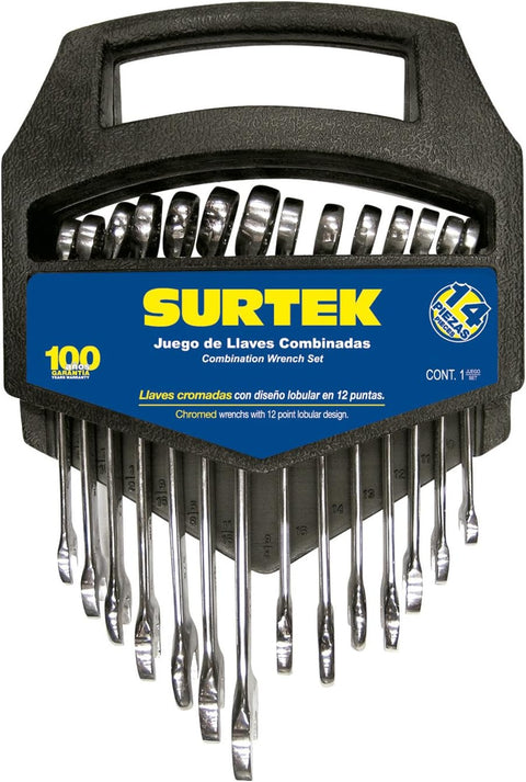 Juego de 14 Llaves Combinadas Satinadas 12 Puntas en Pulgadas en Rack Surtek F07