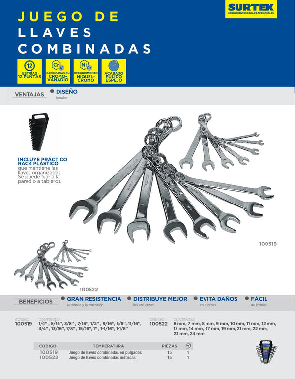 Juego de Llaves Combinadas Pulido Espejo Metricas 12 Puntas 15 Piezas Surtek 100522 - 2