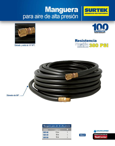 Manguera para Aire de Alta Presion 3/8" x 7.5 m Surtek 108148 - 0