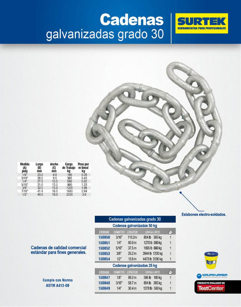 Cadena Grado 30 Galvanizada 50kg 3/16" Surtek 150850 - 0