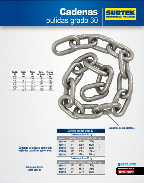 Cadena Grado 30 Pulida 50 kg 3/8" Surtek 150863 - 0