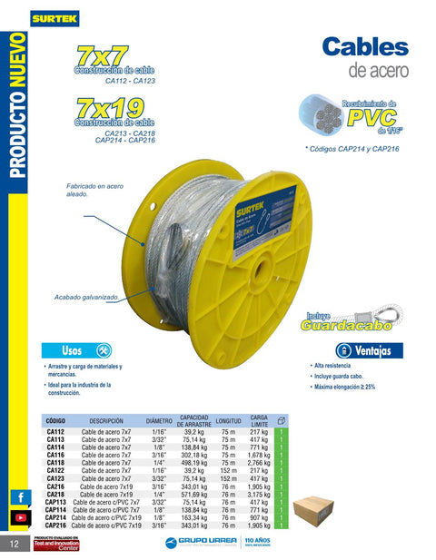 Cable de Acero con Guardacabo 1/4" x 76 m Construccion de 7 x 7 Surtek CA118 - 0