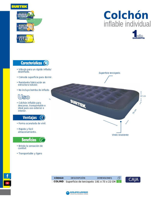 Colchon Inflable Tamaño Individual Surtek COLIND - 2