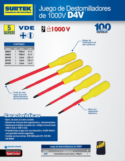 Juego de 5 Destornilladores para 1000V Surtek D4V - 0