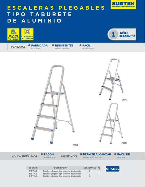 Escalera Plegables Tipo Taburete de Aluminio con 3 Peldaños Surtek ETTA3 - 0