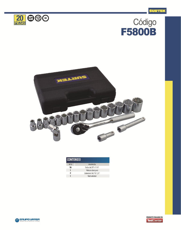 Juego de 20 Dados y Accesorios en Pulgadas 1/2″ Surtek F5800B - 2