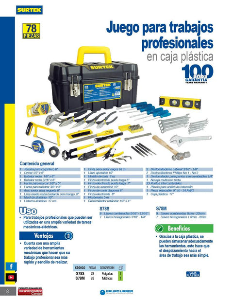 Juego Combinado Trabajo Profesional Metrico 78 Piezas Surtek S78M - 0