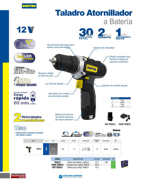Taladro/Atornillador 3/8" Bateria de Li-ion 12 V Surtek TBA612 - 0